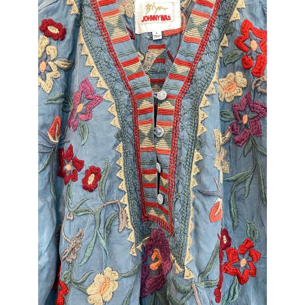 Johnny Was Biya Floral Embroidered Cupra Blouse Size Small Blue Tunic Boho - Picture 4 of 8